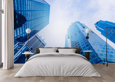 Modern office building skyscrapers, high-rise buildings, architecture raising to the sky, top view background in blue style colors, Concepts of financial, economics, future etc. Wall mural