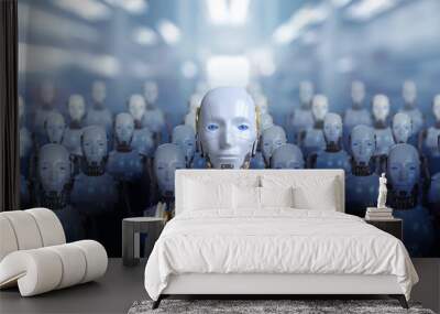 3d rendering of leader human robot portraits with robotics army, industrial group of cyborg machines on factory background. Futuristic AI robotic team, artificial intelligence technology concept. Wall mural