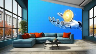 AI makes money concept. Golden coin money on robot humanoid hand on network cyberspace background with copy space. Artificial intelligence assistance service for work and earning income for business. Wall mural