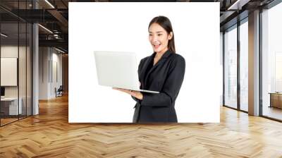 Asian smiling business women wearing suit using laptop computer isolated on white background. Wall mural