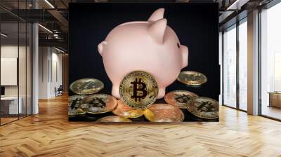 Bitcoin technology background. Golden bitcoin with the pink piggy bank on dark background. Digital wallet, benefit of cryptocurrency investment and saving concept. Wall mural