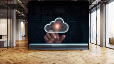 Cloud computing technology concept. Cloud icon virtual appeared while man pointing finger and keyboard computer with network and coding on dark background. Network data storage technology service. Wall mural