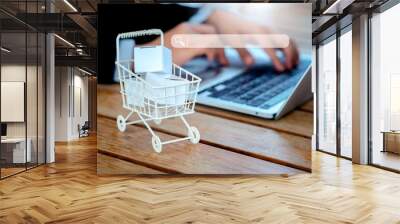 Product search on online shopping store application on internet with laptop computer, shopping online concepts. Searching engine tab virtual on the shopping cart trolley with parcel boxes on desk. Wall mural