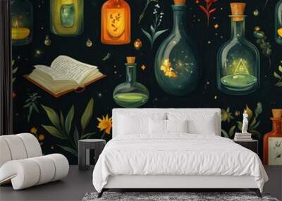 Mystical Potion Bottles and Open Book Seamless Pattern for Enchanting Decorative Use Wall mural