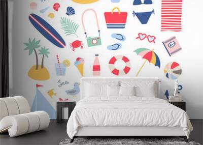  Summer beach collection in blue, pink and red colors. Wall mural