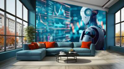 3D rendering of a humanoid robot analyzing a stock market chart with trading charts. Concept of artificial intelligence in financial markets, neon lighting, copy space. Wall mural