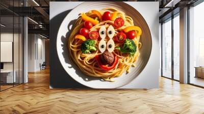 A colorful plate of spaghetti is creatively arranged with veggies to form a cheerful face Wall mural