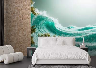 A colorful wave made of tiles crashes into a sandy-textured wall Wall mural