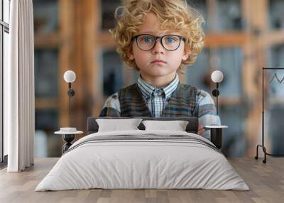 A confident young boy stands with arms crossed, showcasing his stylish outfit and glasses Wall mural