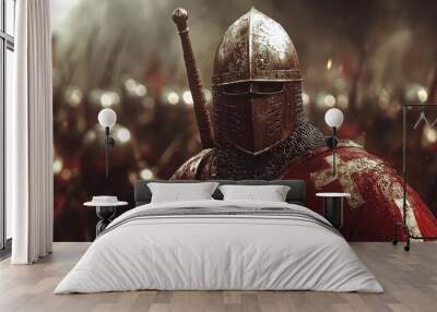 A heavily armored knight prepares for battle while surrounded by an army of soldiers, all ready for war Wall mural