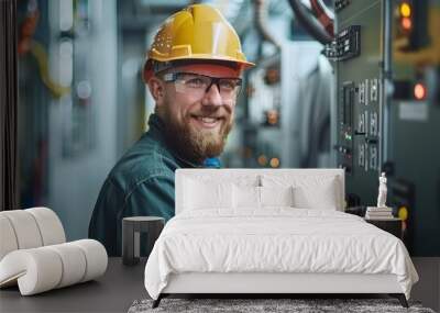 A man wearing safety glasses and a hard hat smiles while working on an industrial control panel Wall mural