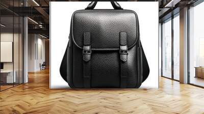 A sleek black leather backpack stands upright, highlighting its elegant features and sturdy construction Wall mural