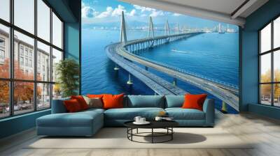 A stunning modern bridge spans the shimmering bay, connecting vibrant urban landscapes beneath a blue sky filled with fluffy clouds Wall mural