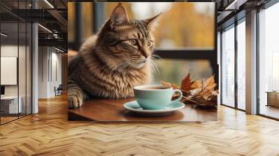 A tabby cat sits by a window, observing autumn leaves while a tea cup rests nearby Wall mural