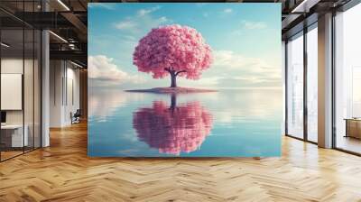 A vibrant cherry blossom tree reflects beautifully in tranquil waters under a clear sky, creating a serene atmosphere Wall mural