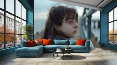 A young woman on a pier generative AI concept Wall mural