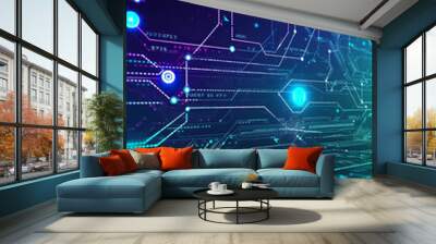 abstract background, telecommunications tech concept with blue lights, futuristic computing wire circuits, in the style of purple and blue, Generative AI Wall mural