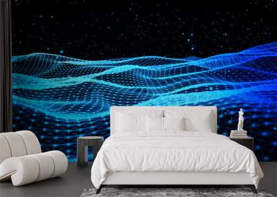 Abstract background with dynamic blue wave. Particle placement with hanging dots in space. Large data background. 3D rendering. Wall mural