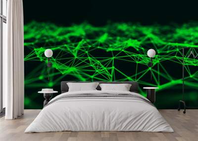 Abstract interweaving of points and lines of green shade. Visualization of particles form of waves. Large data background .3d rendering. Wall mural