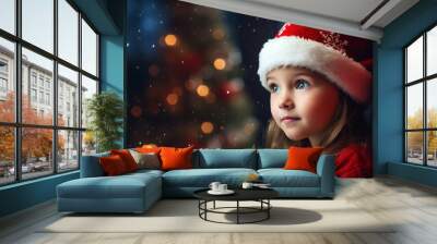 Adorable little child waiting santa in xmas night fell asleep sweet dreams, Generative AI illustration Wall mural