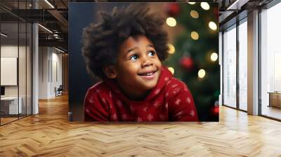 Adorable small child sleeping under Christmas evergreen tree waiting Santa coming Generative AI technology picture Wall mural