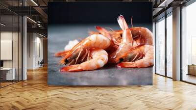 AI generated close up macro view picture of juicy raw delicious appetizing shrimps isolated on grey dark color background Wall mural