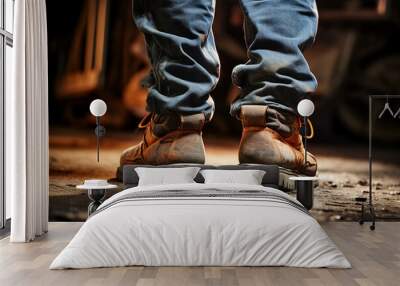 AI generated close up photo of working man in dirty footwear Wall mural