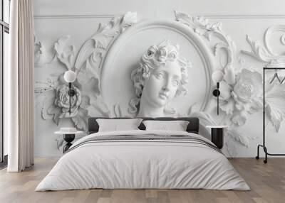 AI generated illustration luxury white wall design bas-relief with stucco mouldings rococo element Wall mural