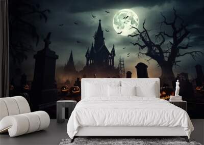 AI generated image of a mysterious dark cemetery at halloween night Wall mural