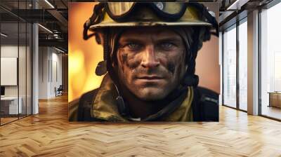 AI generated photo of a professional firefighter man against burning buildings background Wall mural