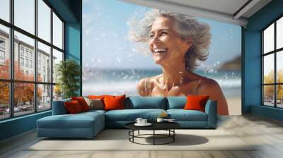 AI generated picture of cheerful senior woman traveling alone on summer vacation Wall mural