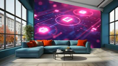 An abstract illustration showcasing digital circuits and glowing icons representing technology Wall mural