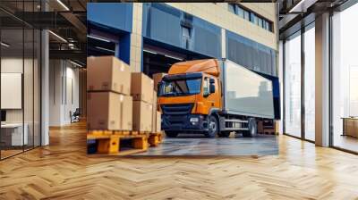 An orange truck loading boxes at a warehouse in the afternoon, preparing for deliveries on a bustling logistics day Wall mural