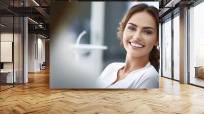 Beautiful wide smile of healthy woman, white teeth close up, dentist tooth whitening.  Wall mural