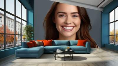 Beautiful wide smile of healthy woman, white teeth close up, dentist tooth whitening. Generative AI Wall mural