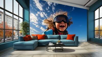 Beautiful young woman jumps with a parachute flies in the sky screams and laughs generative AI Wall mural