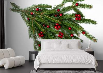 Branch of a natural Christmas tree with red balls of berries Wall mural