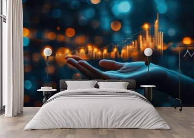 Businessman holding glowing growth chart in his hand Wall mural