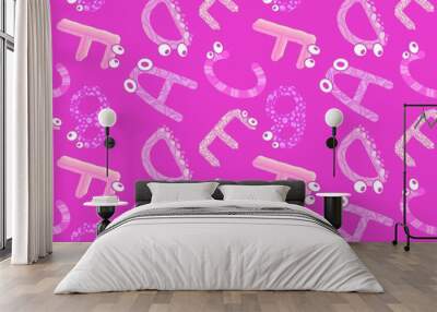 Cartoon English alphabet letters seamless monster with eyes pattern for kids clothes print and accessories and linens Wall mural