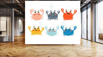 Cartoon set with 6 crabs. Colorful nautical collection. Cute hand-drawn characters for kids. Vector illustration. Wall mural