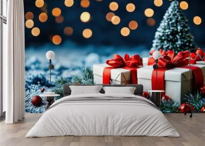 Christmas gift wrapped with red ribbon under christmas tree with lights Wall mural