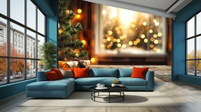 Christmas presents resting on a wooden table with christmas tree lights blurred in background Wall mural