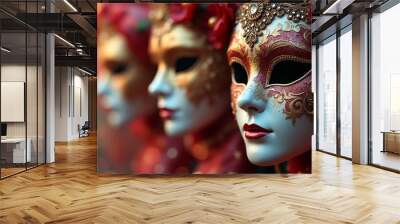 Close-up of three ornate Venetian masks in red, gold, and white. Wall mural