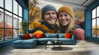 Couple traveling together in autumn forest generative AI Wall mural