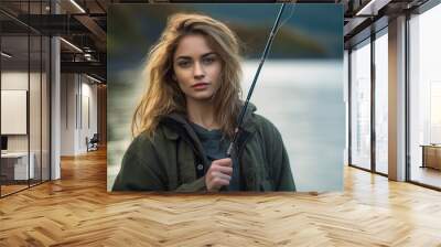 Created with generative ai photo of beautiful woman on fishing trip in river Wall mural