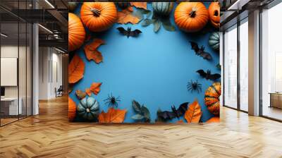 Creative halloween banner with traditional symbols orange pumpkin wizard hat black cat jack o lanterns, Generative AI Wall mural