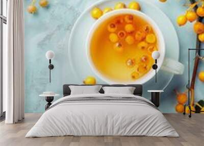 Cup of tea with sea buckthorn berries on the table, 3D rendering  Wall mural