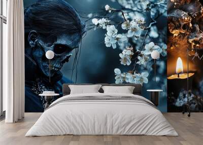 Dark lord wearing skull makeup looking down with white flowers and candles in a mystical forest Wall mural