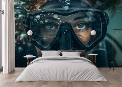 Delightful underwater exploration, people swimming snorkeling diving, Generative AI Wall mural