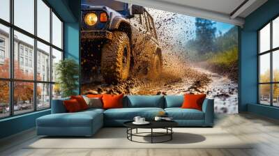 Dirty off road vehicle throughing mud up Wall mural